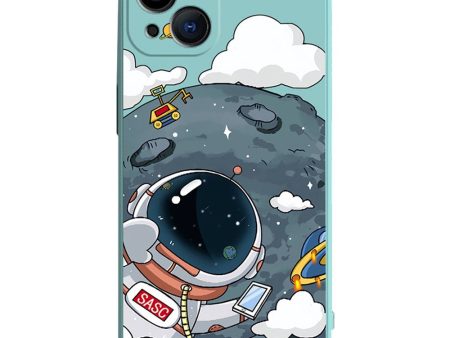 iPhone 14 Plus Fleksibel Cover af Plastik m. Print - Astronaut På Månen   Turkis Online