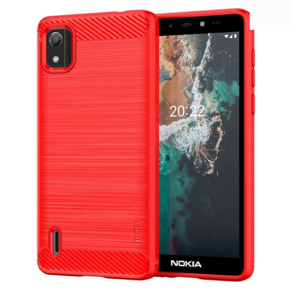 Nokia C2 2nd Edition Mofi Brushed Carbon Fiber Fleksibelt Plastik Cover - Rød Sale