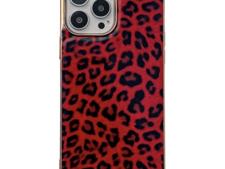 iPhone 14 Pro Fleksibelt Bagside Cover - Leopard Mønster - Rød For Sale