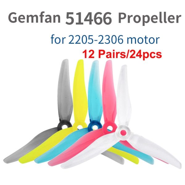 24pcs  12 pairs Gemfan 51466 5inch 3 blade  tri-blade Propeller Props CW CCW for 2205-2306 Brushless Motor FPV Propeller Online now