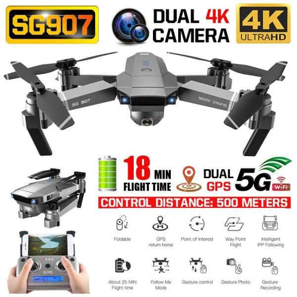 SG907 GPS Drone with 4K 1080P HD Dual Camera 5G Wifi RC Quadcopter Optical Flow Positioning Foldable Mini Drone VS E520S E58 Online Sale