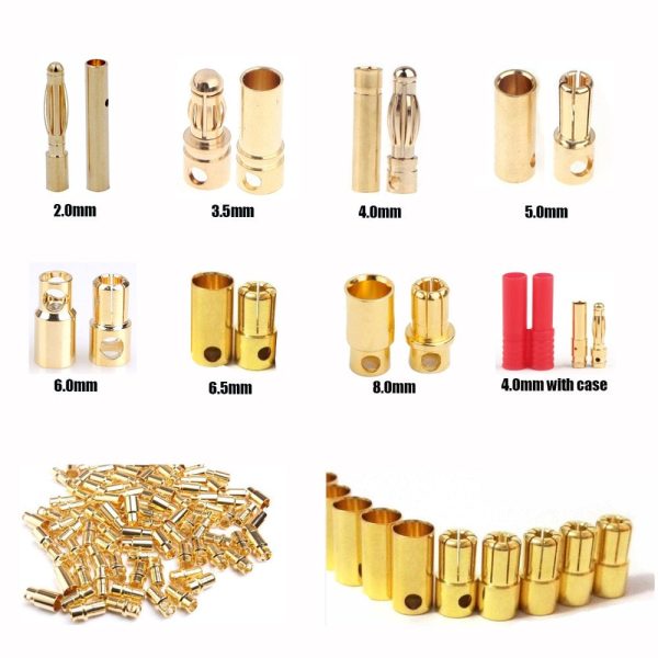 10pcs 2.0mm 3.5mm 4.0mm 5.0mm 5.5mm 6.0mm 6.5mm 8.0mm Banana Gold Bullet Connector Plug For Battery Connector Motor ESC RC Parts For Cheap