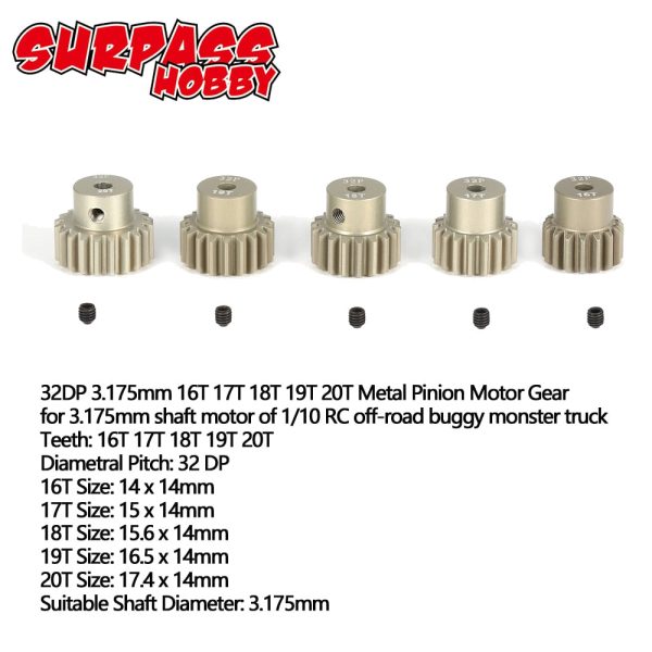 SURPASS HOBBY 5Pcs 32DP 3.175mm 12T 13T 14T 15T 16T 17T 18T 19T 20T Metal Pinion Motor Gear Set for 1 10 RC Car Truck Sale